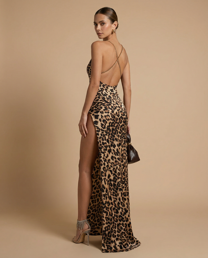 SOLACE  Leopard Print High Slit Cowl Neck Satin Bodycon Maxi Dress 