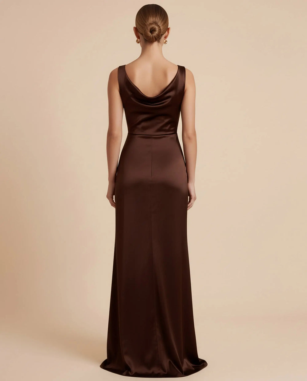 SOLACE  Brown Cowl Neck Sleeveless Satin High Slit Maxi Dress 