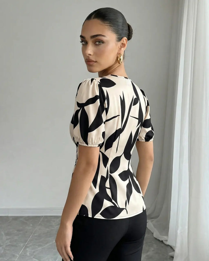 Elegant Leaf Print  V-Neck Puff Sleeve Button Down Top