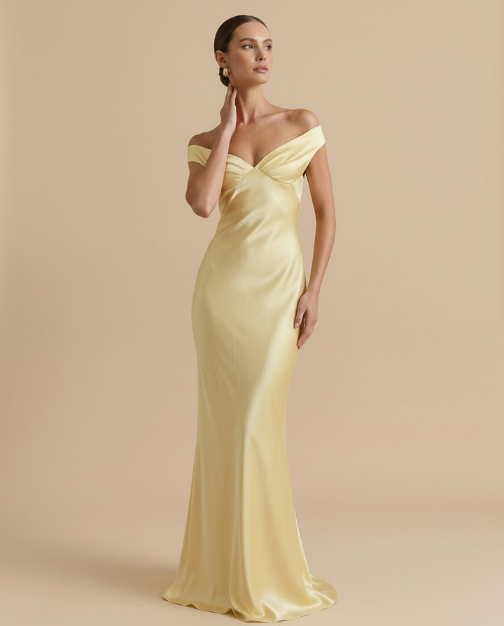 SOLACE  Yellow Off Shoulder Satin Ruched Bust Mermaid Maxi Dress 