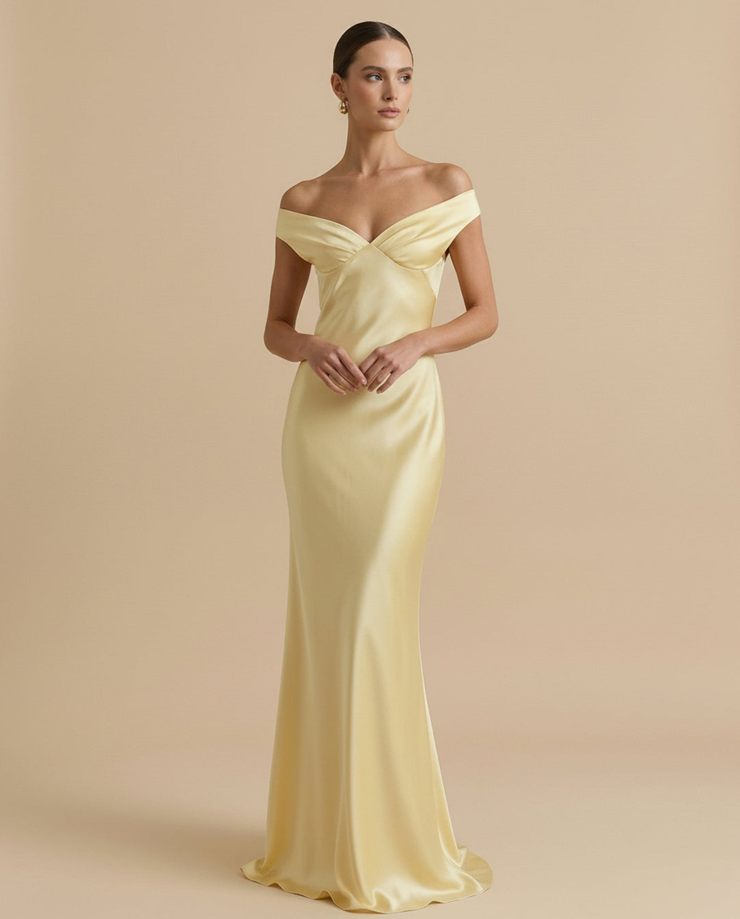 SOLACE  Yellow Off Shoulder Satin Ruched Bust Mermaid Maxi Dress 