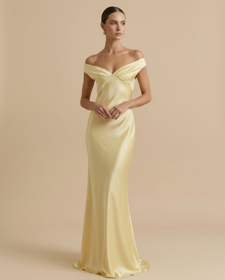 SOLACE  Yellow Off Shoulder Satin Ruched Bust Mermaid Maxi Dress 
