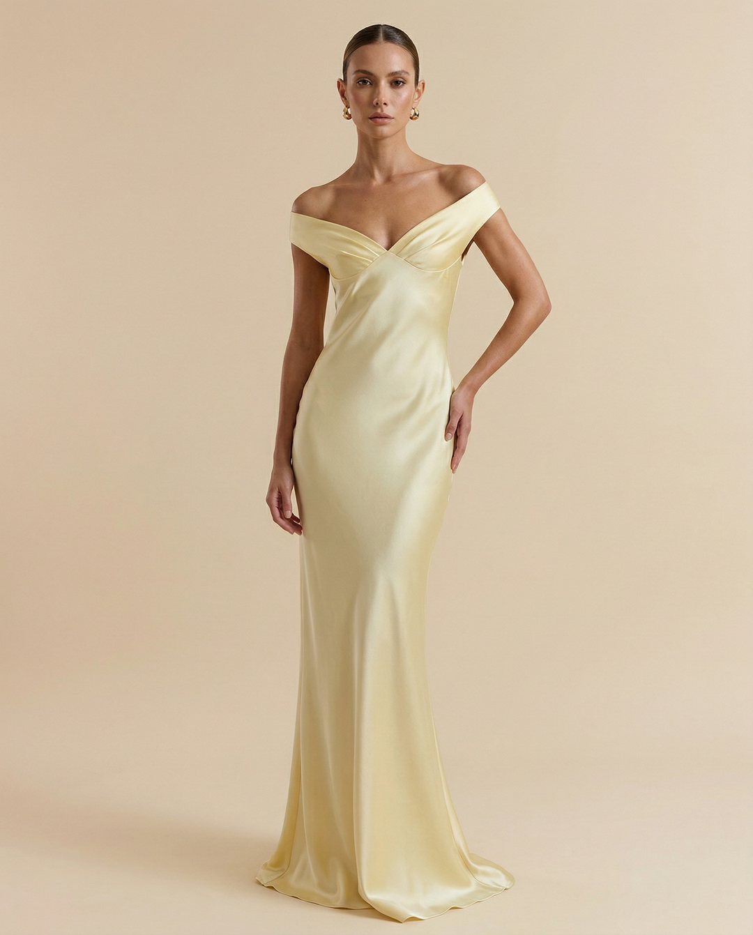 SOLACE  Yellow Off Shoulder Satin Ruched Bust Mermaid Maxi Dress 