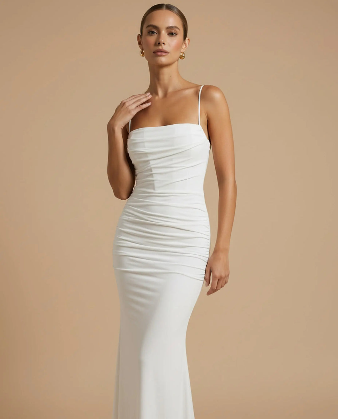 SOLACE  White Spaghetti Strap Ruched Backless Mermaid Maxi Dress 