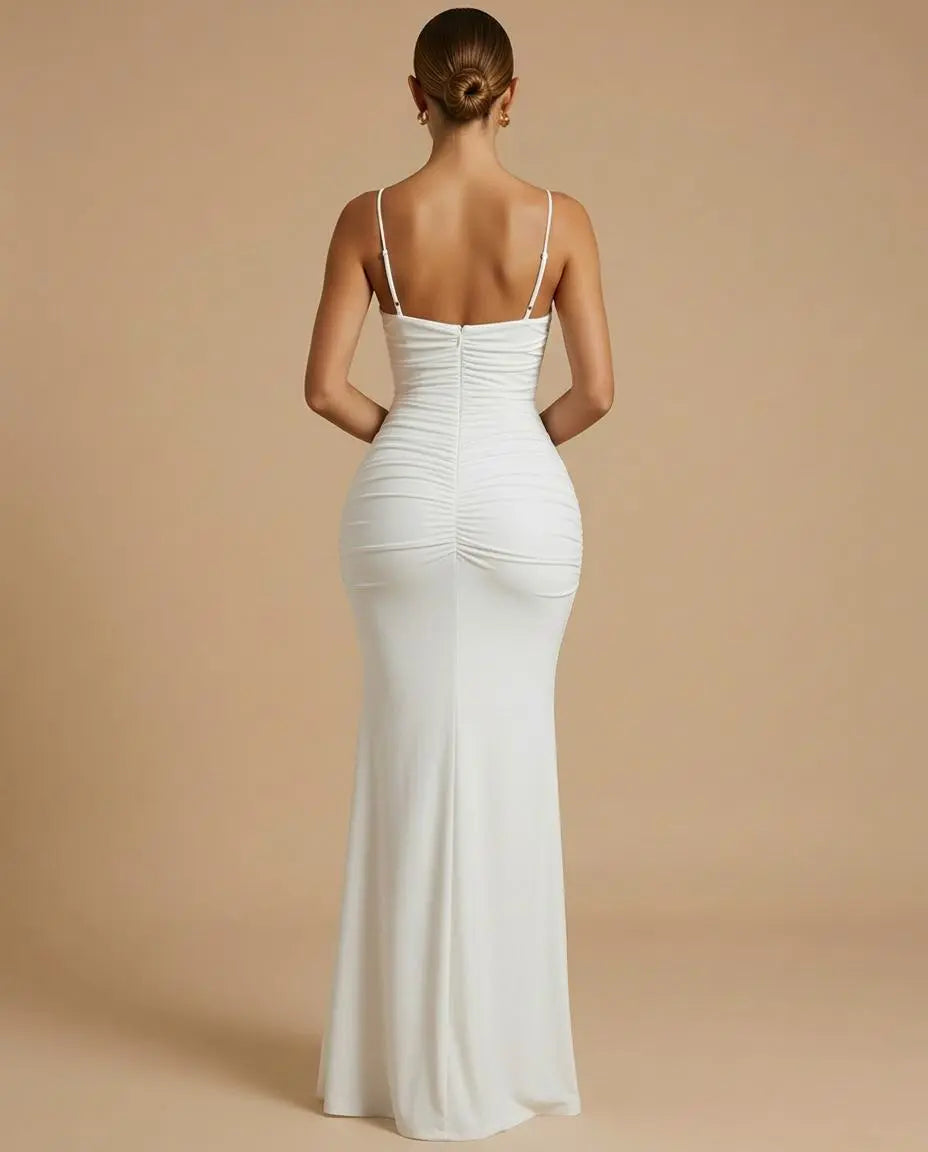 SOLACE  White Spaghetti Strap Ruched Backless Mermaid Maxi Dress 