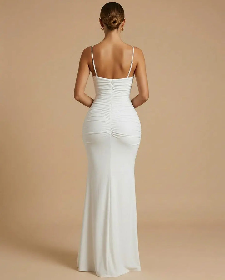 SOLACE  White Spaghetti Strap Ruched Backless Mermaid Maxi Dress 