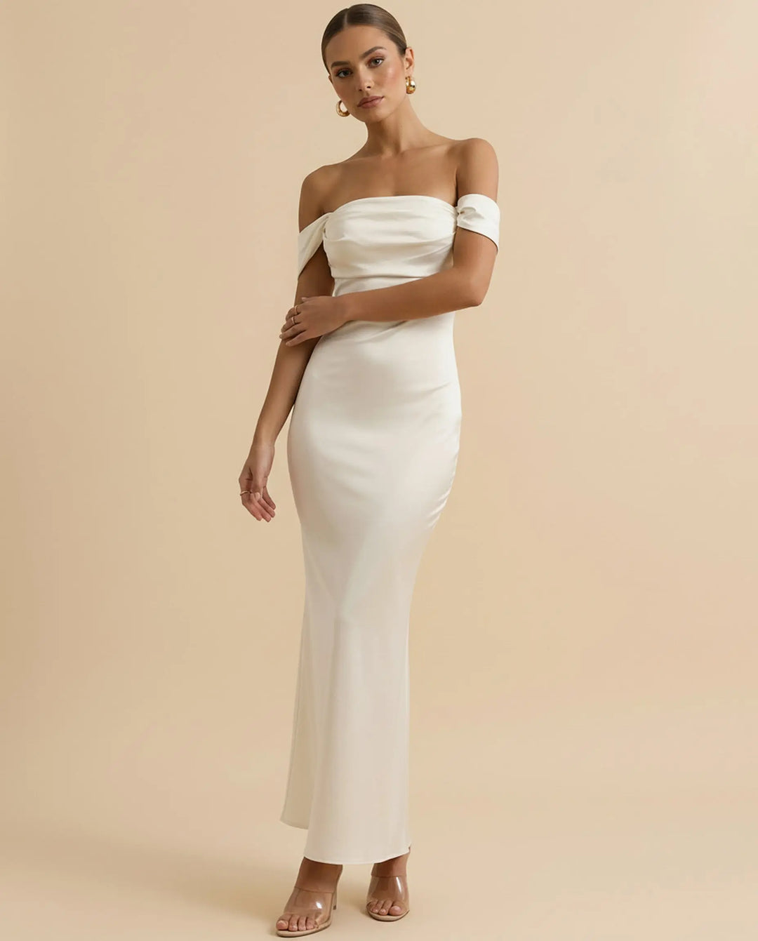 SOLACE  Apricot Off Shoulder Backless Satin Mermaid Maxi Dress 
