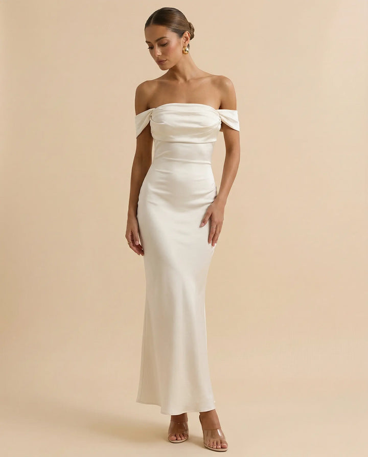SOLACE  Apricot Off Shoulder Backless Satin Mermaid Maxi Dress 