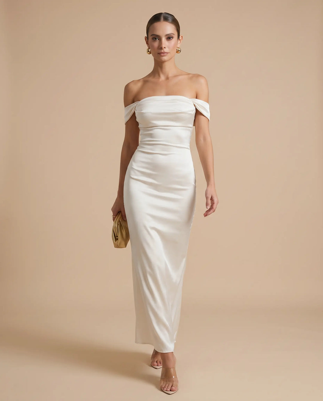 SOLACE  Apricot Off Shoulder Backless Satin Mermaid Maxi Dress 