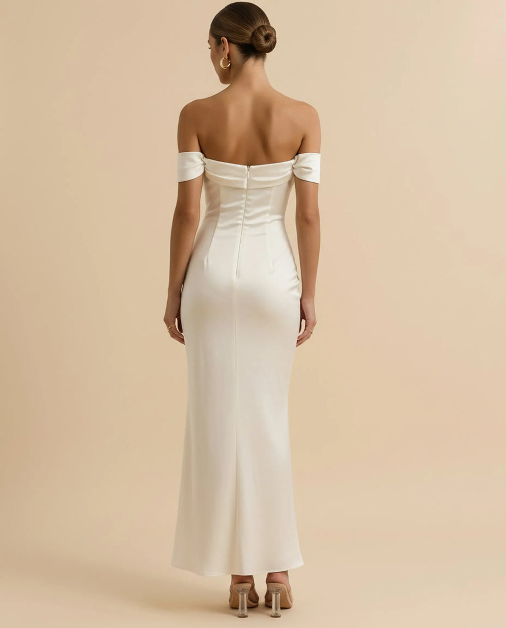 SOLACE  Apricot Off Shoulder Backless Satin Mermaid Maxi Dress 