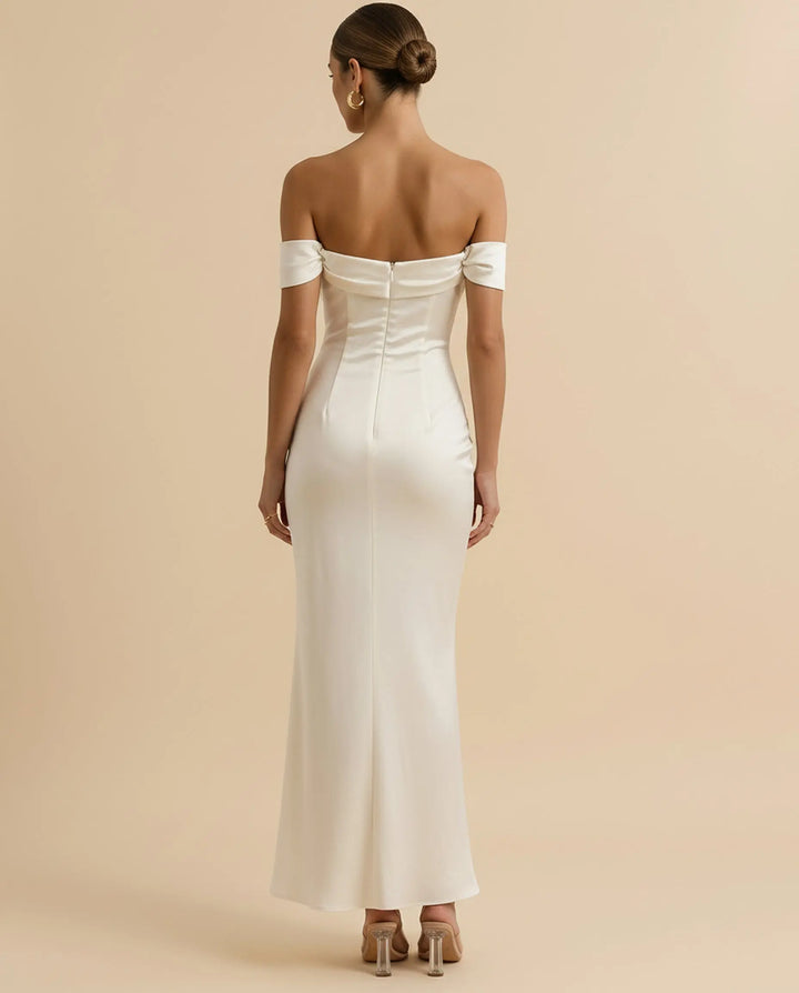 SOLACE  Apricot Off Shoulder Backless Satin Mermaid Maxi Dress 