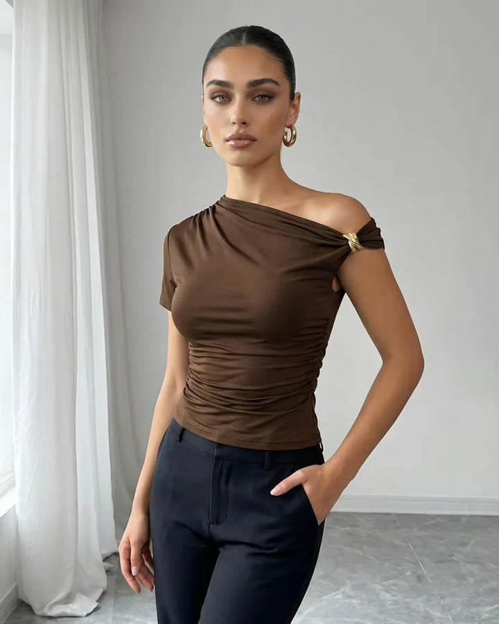 Brown Asymmetric Ruched Metal Detail Cropped Top