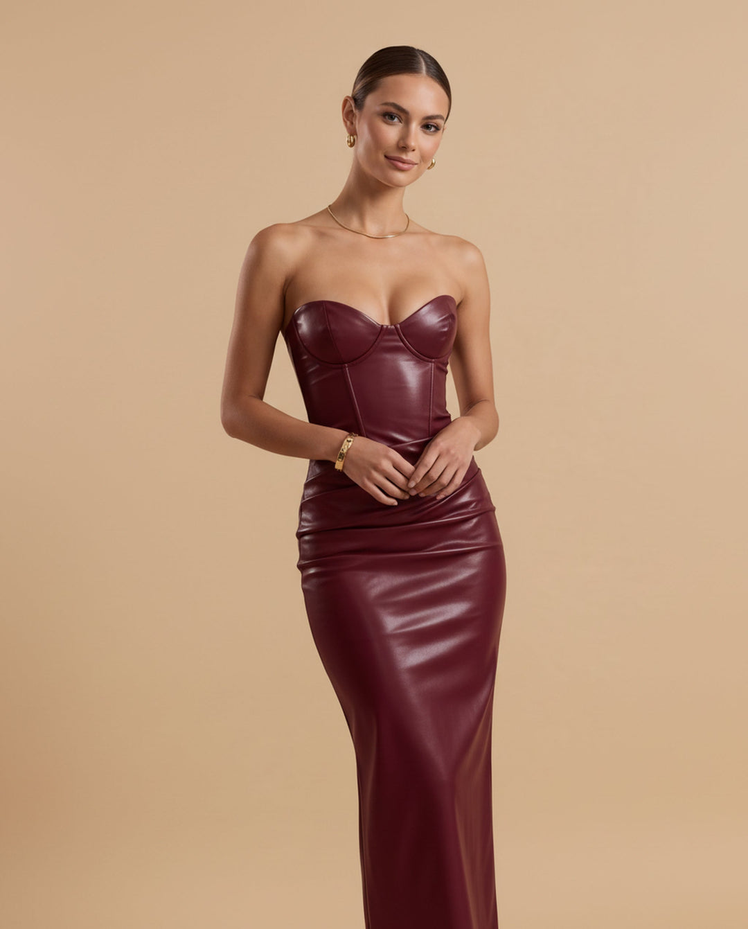 SOLACE  Wine Red Strapless Corset Leather Bodycon Maxi Dress 