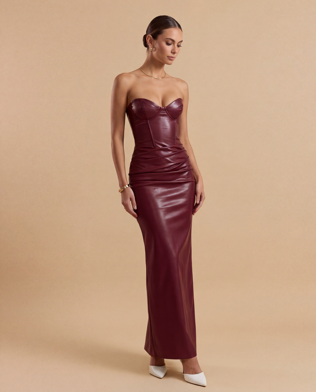 SOLACE  Wine Red Strapless Corset Leather Bodycon Maxi Dress 