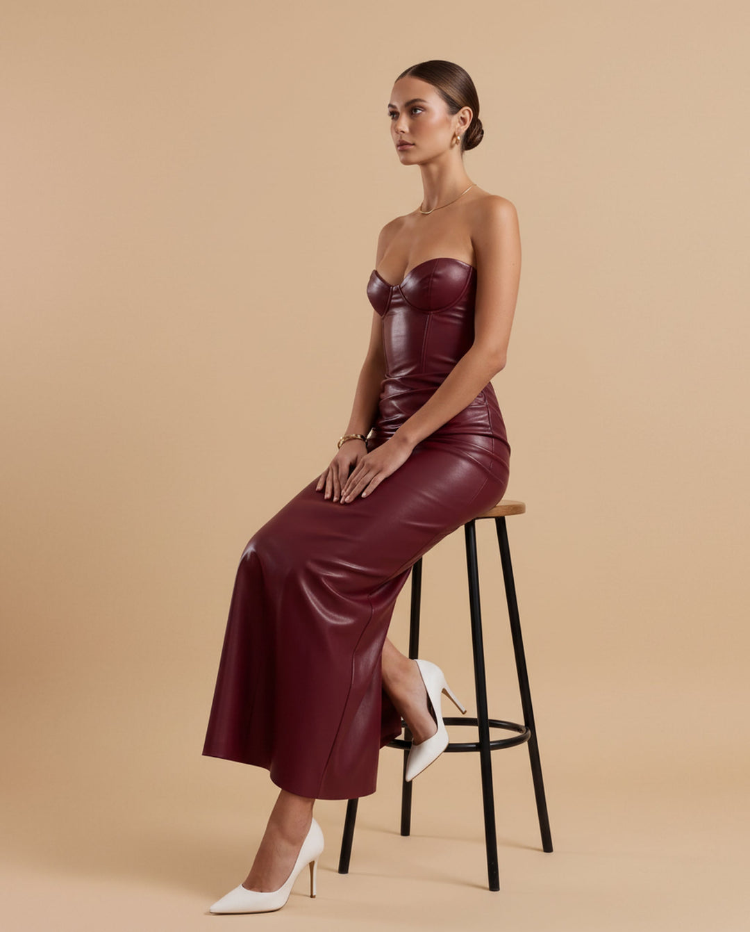 SOLACE  Wine Red Strapless Corset Leather Bodycon Maxi Dress 