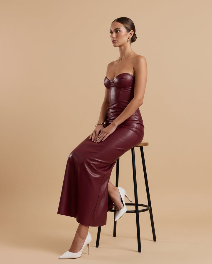 SOLACE  Wine Red Strapless Corset Leather Bodycon Maxi Dress 