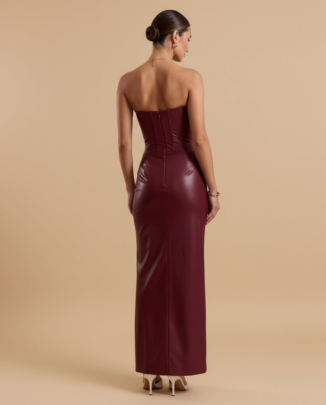 SOLACE  Wine Red Strapless Corset Leather Bodycon Maxi Dress 