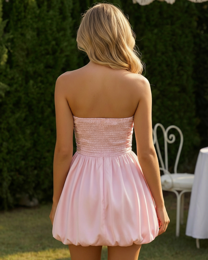 Pink Strapless Ruched Satin Bubble Hem Mini Party Dress