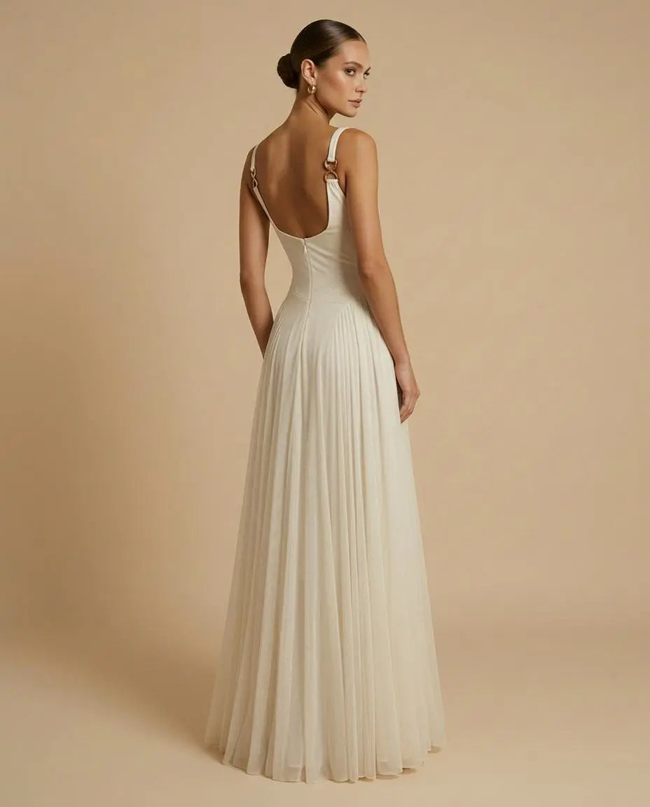 SOLACE  White V-Neck Gold Hardware Backless Pleated Maxi Dress 