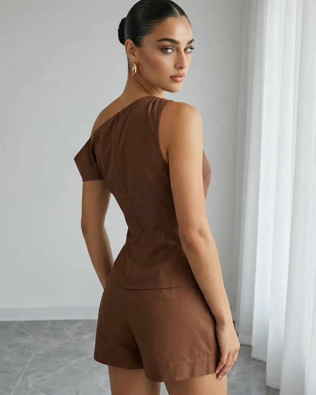 Brown One Shoulder Metal Buckle Top And Short Set