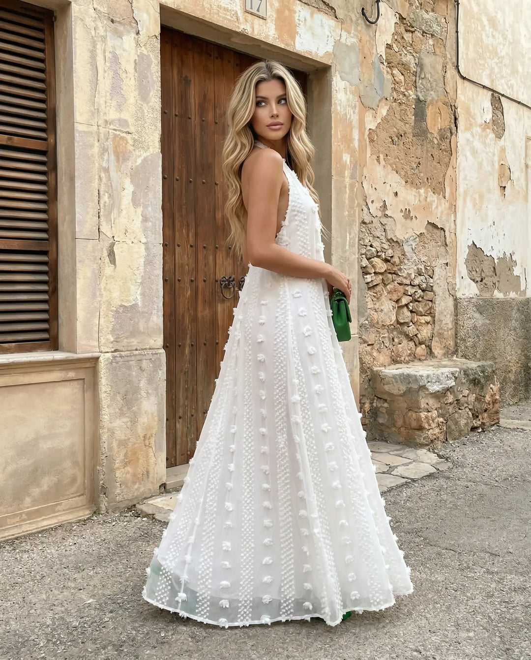 SOLACE  White Swiss Dot Plunge Halter Neck Maxi Dress 