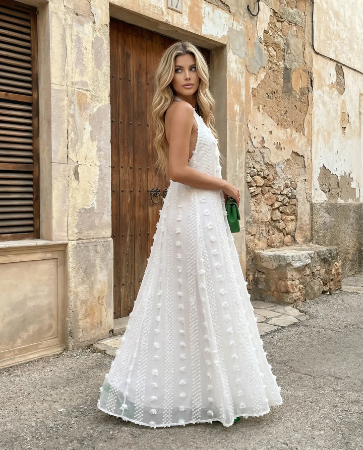 SOLACE  White Swiss Dot Plunge Halter Neck Maxi Dress 