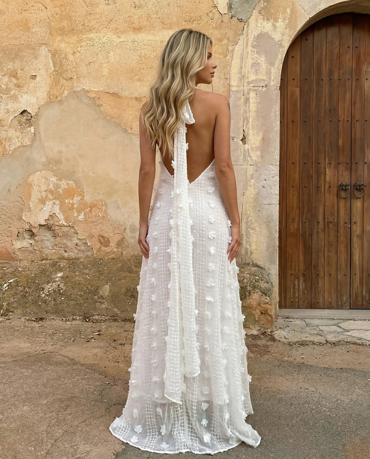 SOLACE  White Swiss Dot Plunge Halter Neck Maxi Dress 