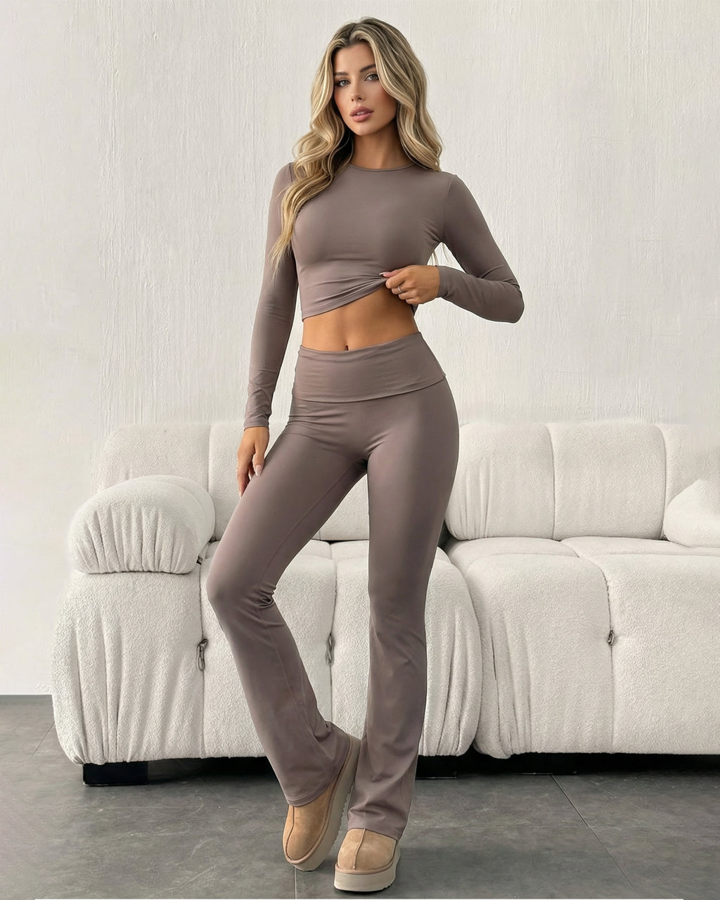Brown Long Sleeve Mini Cropped Top And Pants Set SOLACE