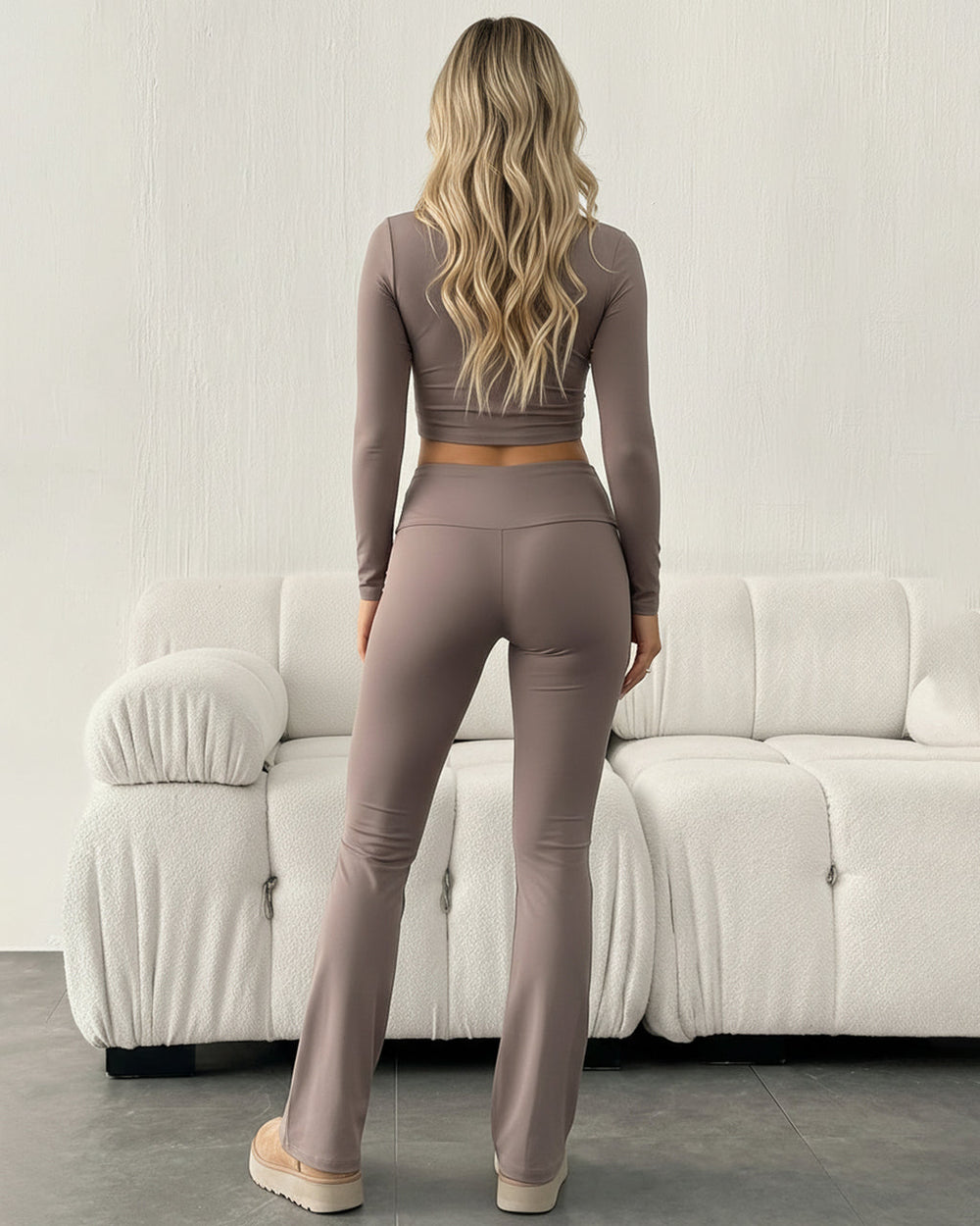 Brown Long Sleeve Mini Cropped Top And Pants Set SOLACE