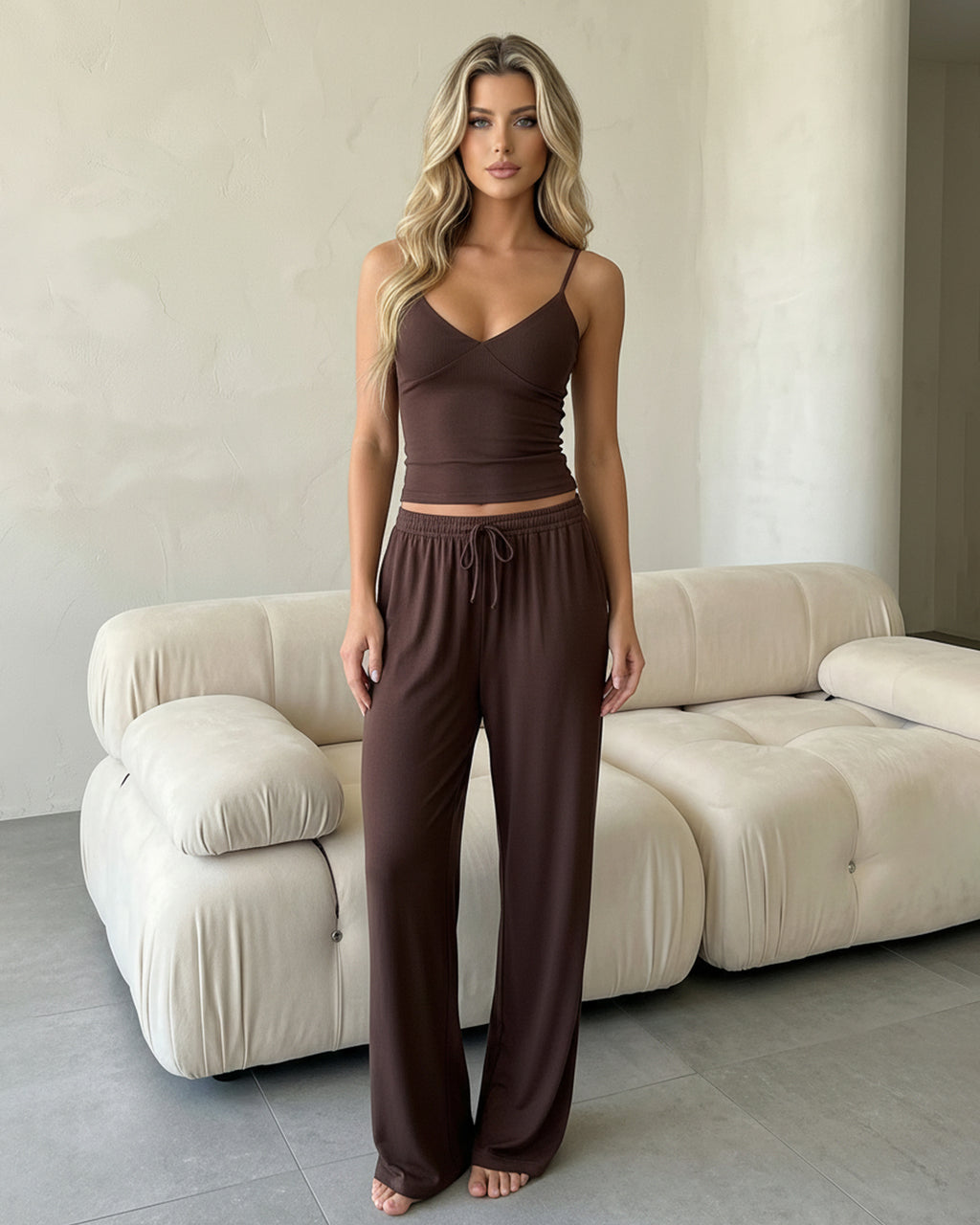 Brown Ribbed Cross Back Cami Top and Wide-Leg Pants Set SOLACE