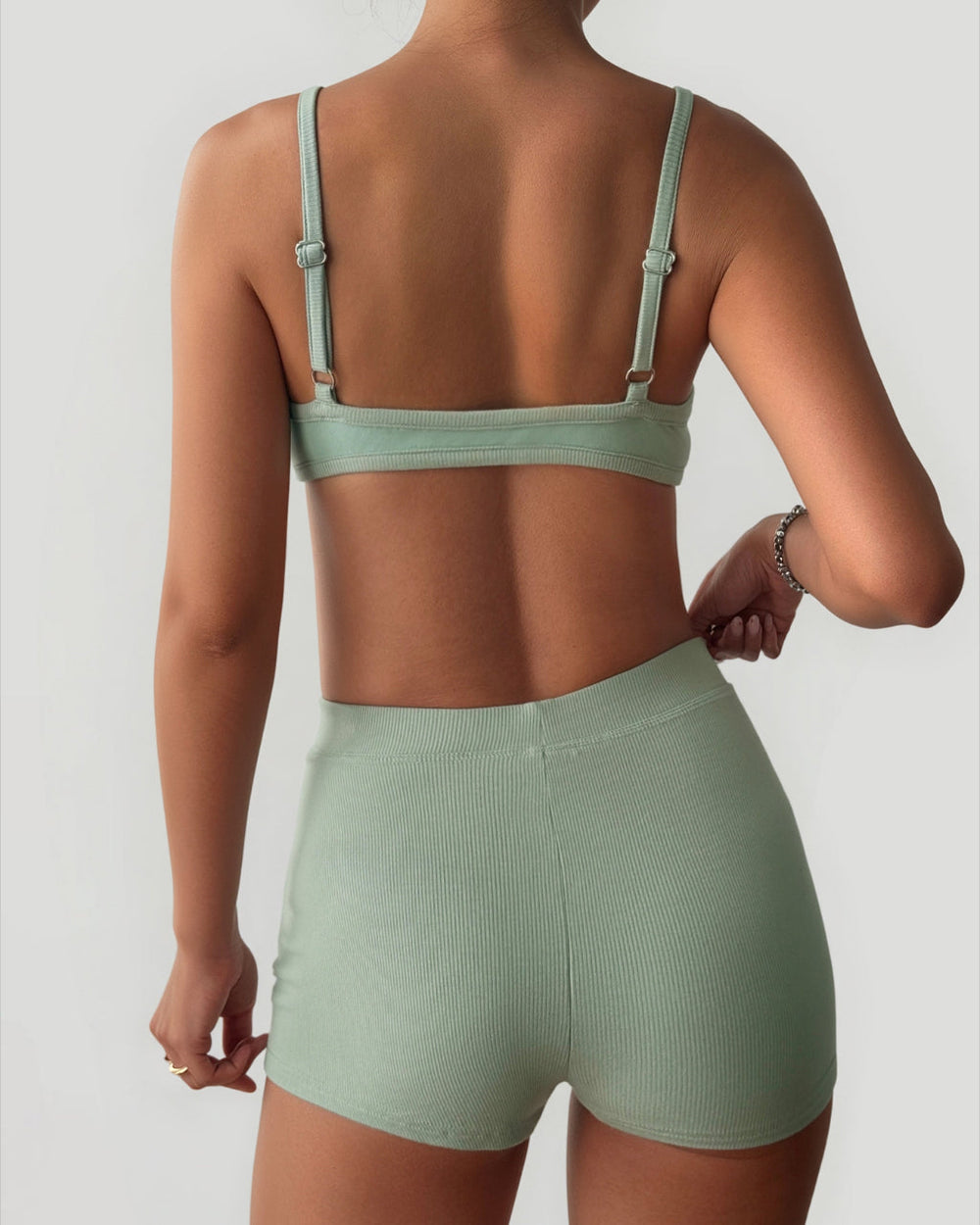 Green Ribbed Triangle Bralette And High-Waisted Shorts Set SOLACE