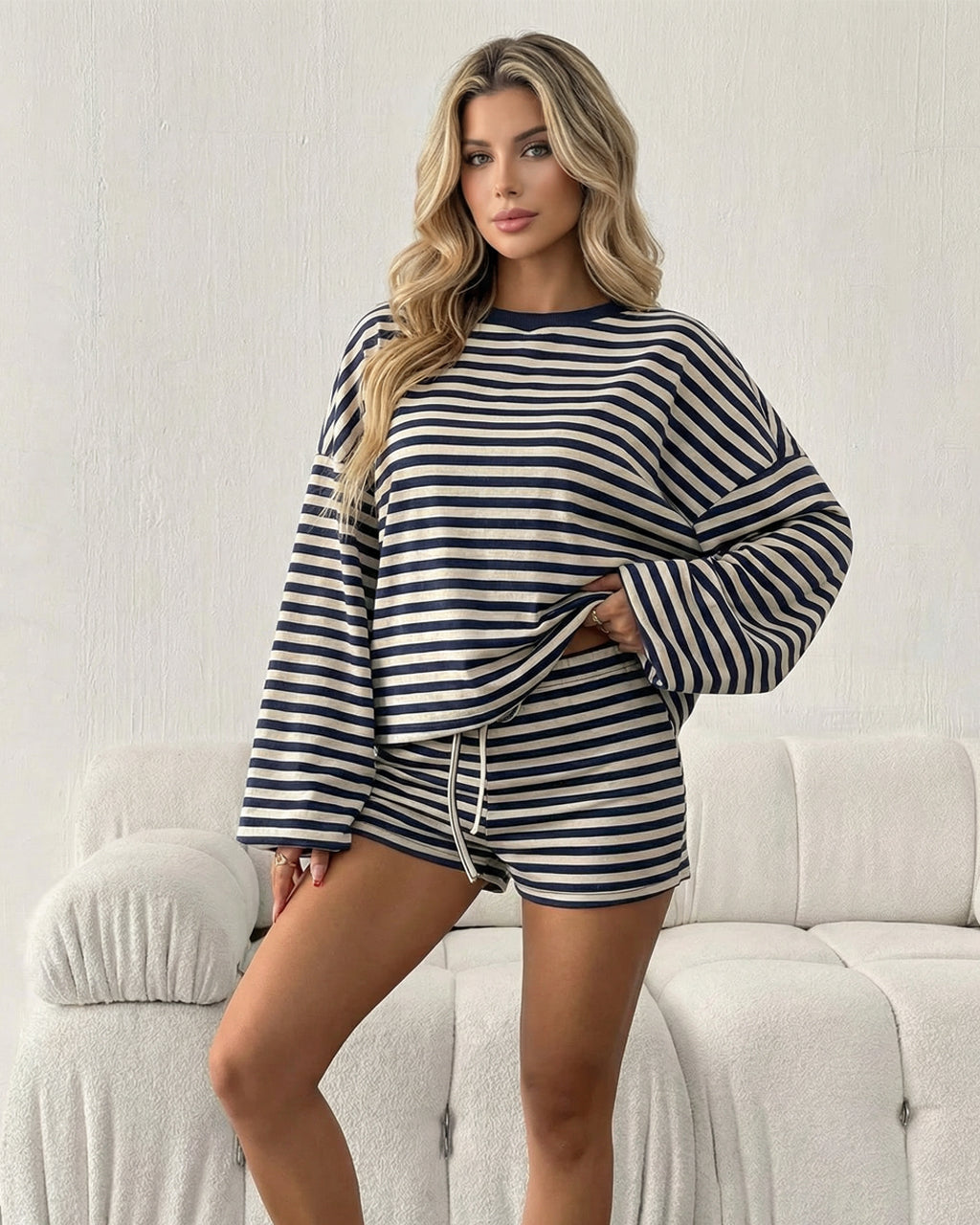 White Striped Long Sleeve Sweatshirt And Shorts Set SOLACE