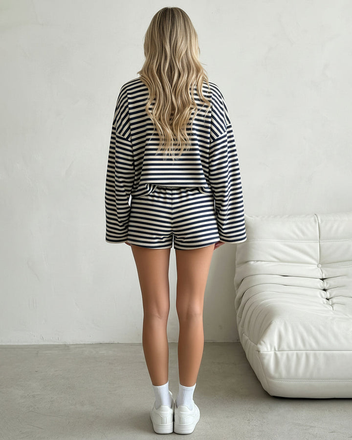 White Striped Long Sleeve Sweatshirt And Shorts Set SOLACE