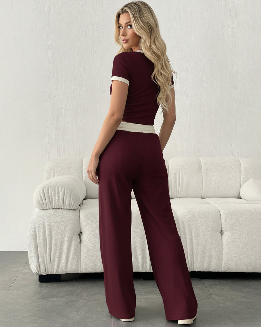 Wine Red Cropped Top And Wide-Leg Pants Set SOLACE