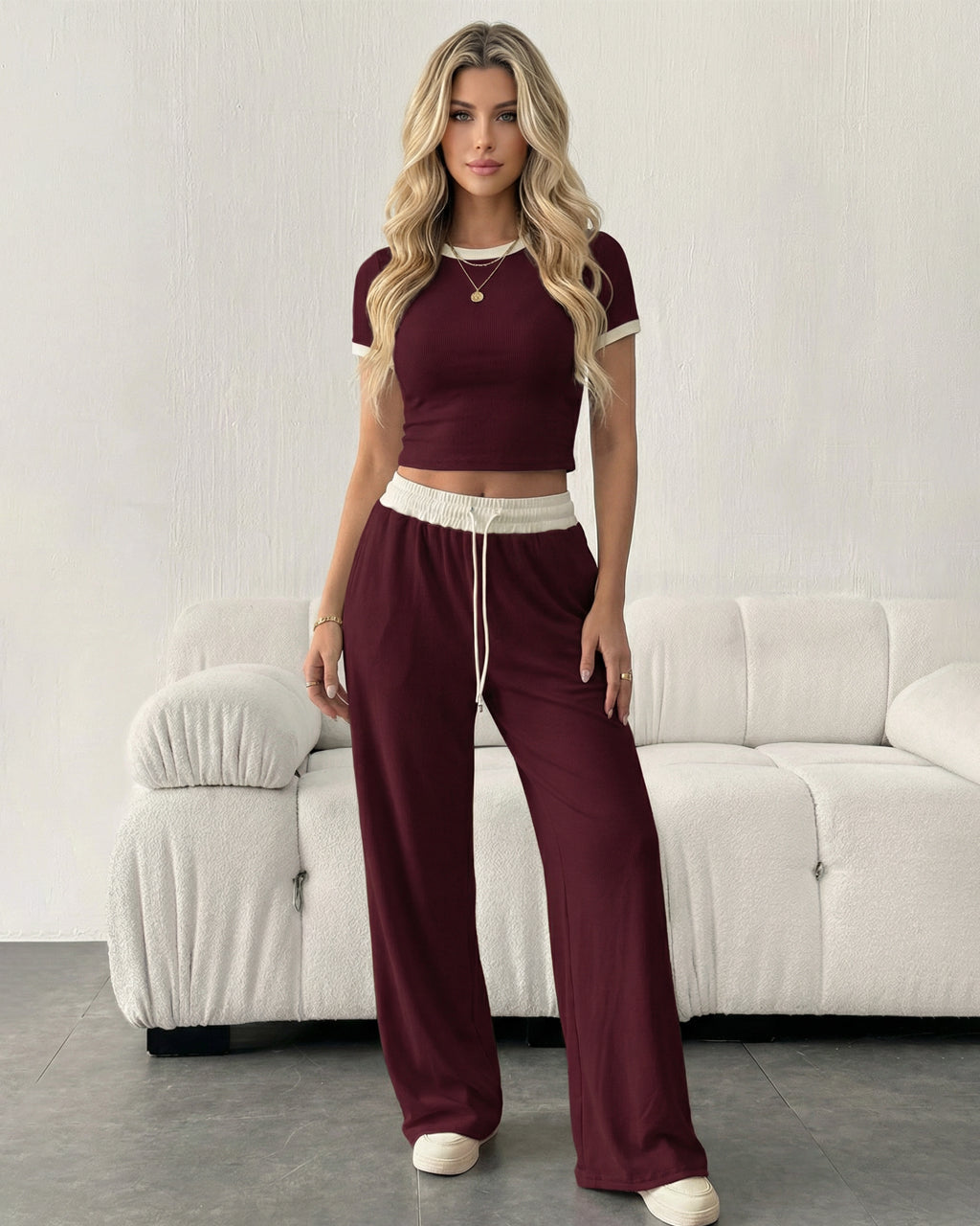 Wine Red Cropped Top And Wide-Leg Pants Set SOLACE
