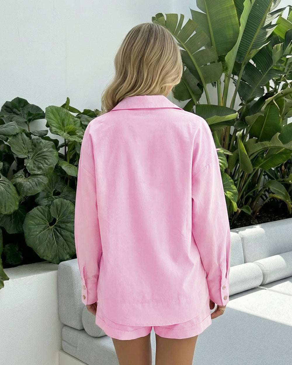 Pink Linen Blend Long Sleeve Button-Down Shirt Shorts Set SOLACE