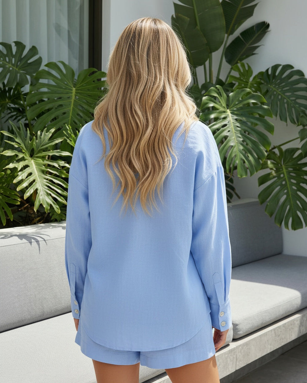 Blue Linen Blend Long Sleeve Button-Down Shirt Shorts Set SOLACE