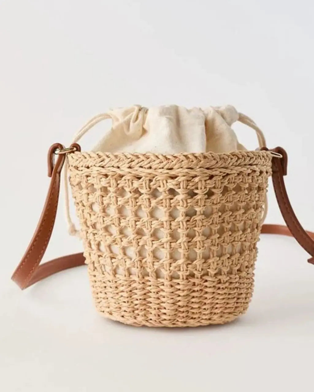 Hand-Woven Straw Drawstring Bucket Crossbody Bag SOLACE