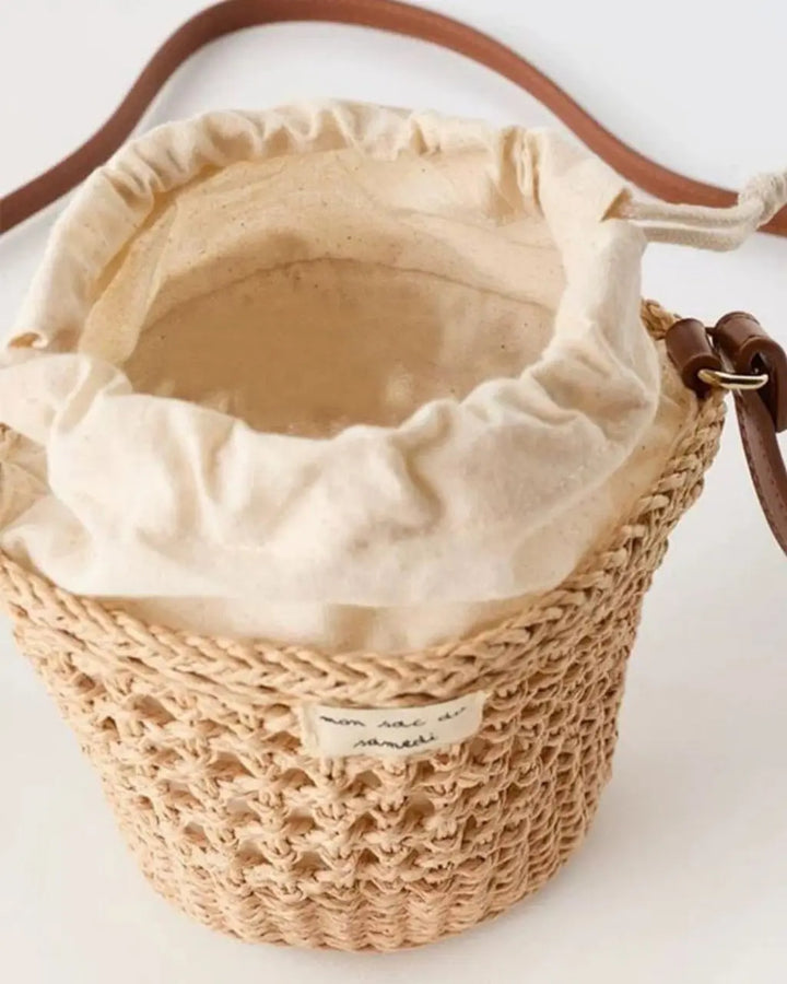 Hand-Woven Straw Drawstring Bucket Crossbody Bag SOLACE