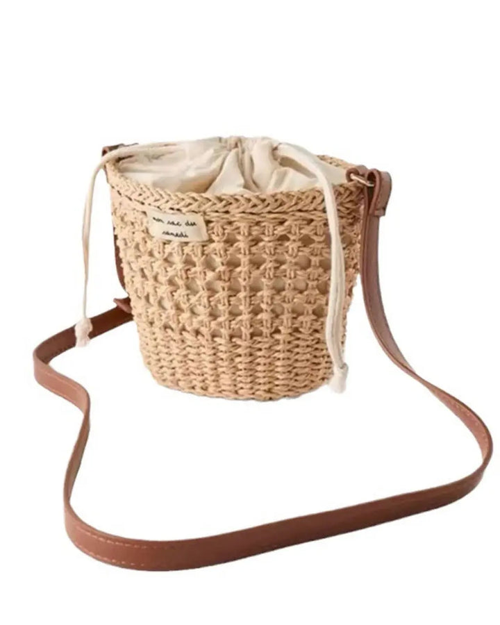 Hand-Woven Straw Drawstring Bucket Crossbody Bag SOLACE