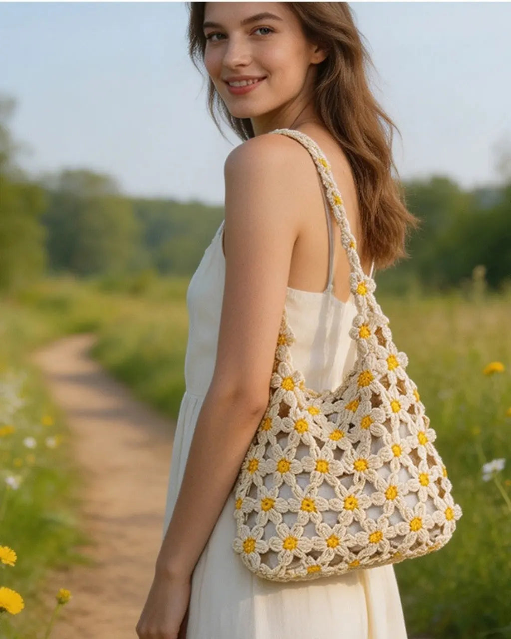 Hand-Crocheted Daisy Flower Mesh Tote Shoulder Bag SOLACE