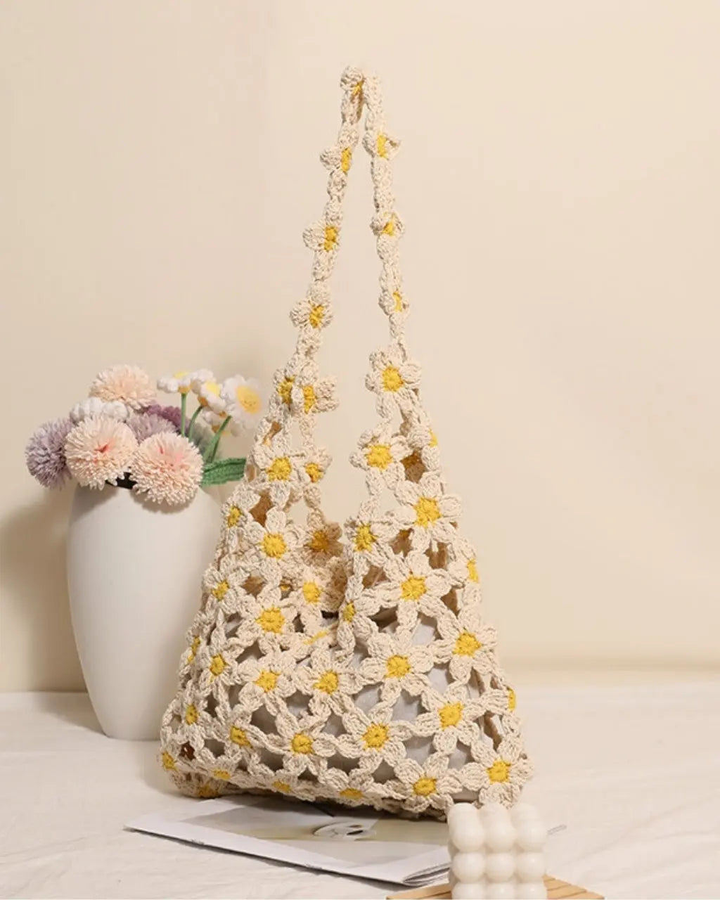 Hand-Crocheted Daisy Flower Mesh Tote Shoulder Bag SOLACE