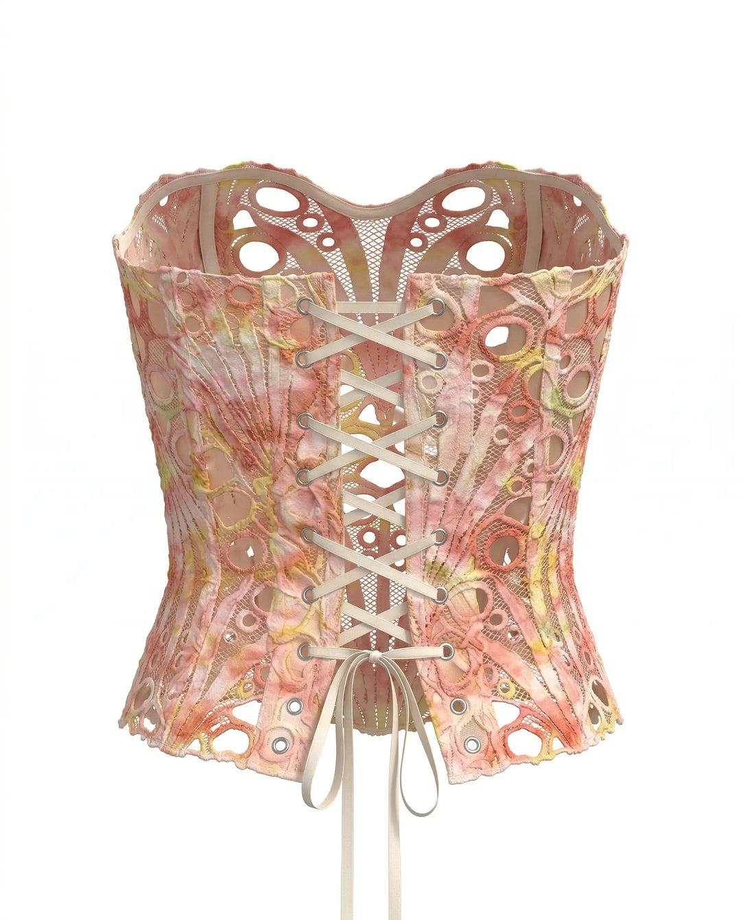 SOLACE  Pink Yellow Tie Dye Strapless Lace Embroidered Sheer Corset Crop Top 
