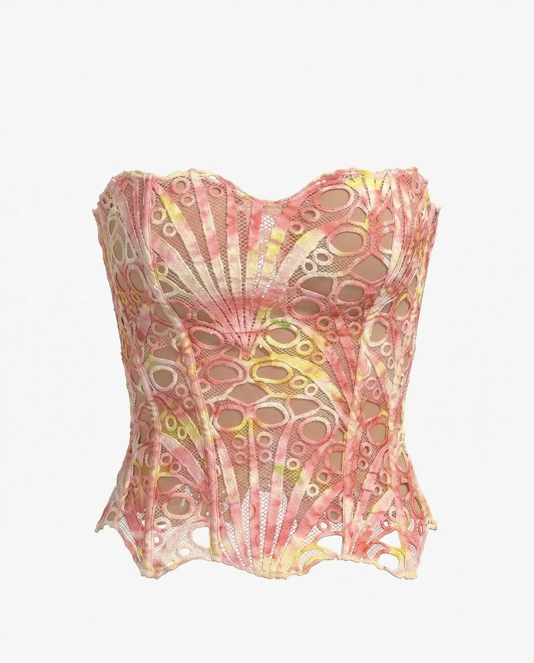 SOLACE  Pink Yellow Tie Dye Strapless Lace Embroidered Sheer Corset Crop Top 