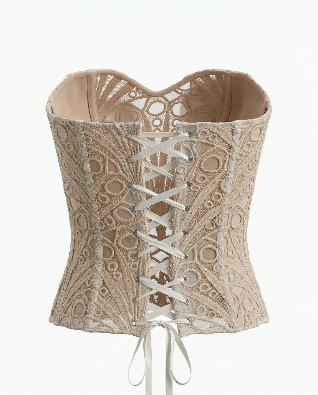 SOLACE  Nude Beige Elegant Strapless Lace Embroidered Corset Crop Top 