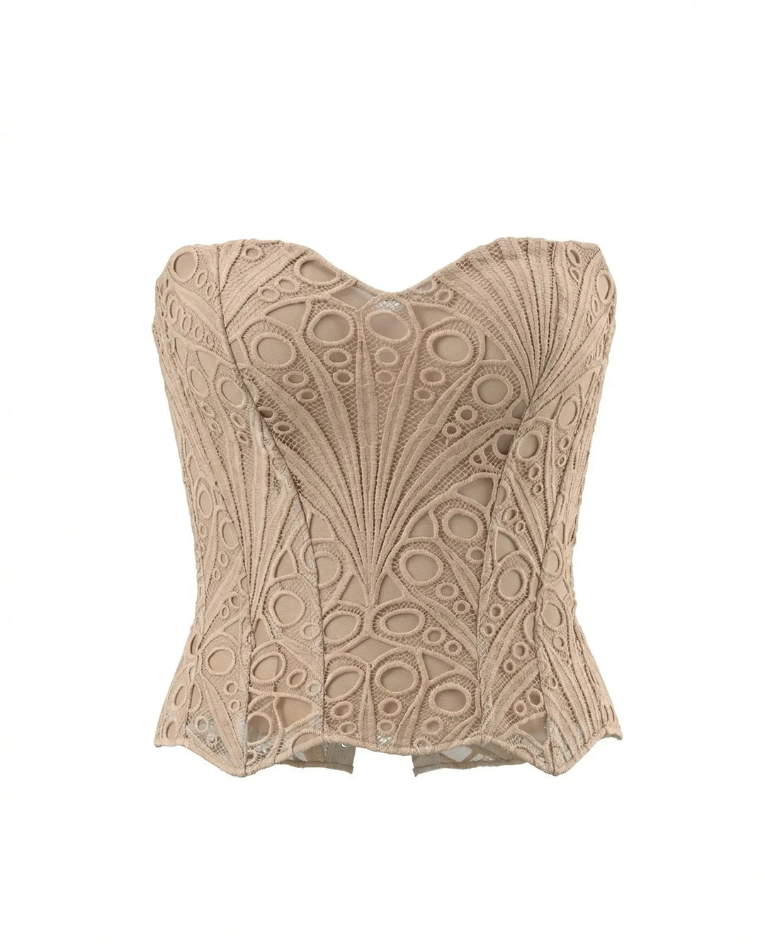 SOLACE  Nude Beige Elegant Strapless Lace Embroidered Corset Crop Top 