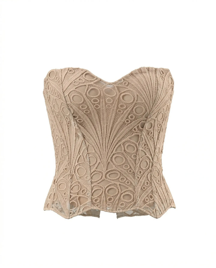 SOLACE  Nude Beige Elegant Strapless Lace Embroidered Corset Crop Top 