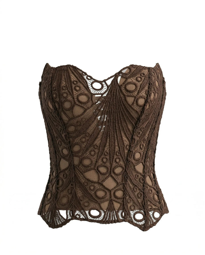 SOLACE  Coffee Brown Sexy Strapless Lace Embroidered Sheer Corset Crop Top 