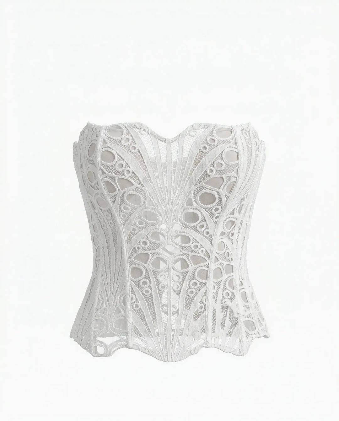 SOLACE  White Romantic Strapless Lace Embroidered Sheer Corset Crop Top 