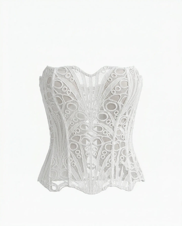 SOLACE  White Romantic Strapless Lace Embroidered Sheer Corset Crop Top 